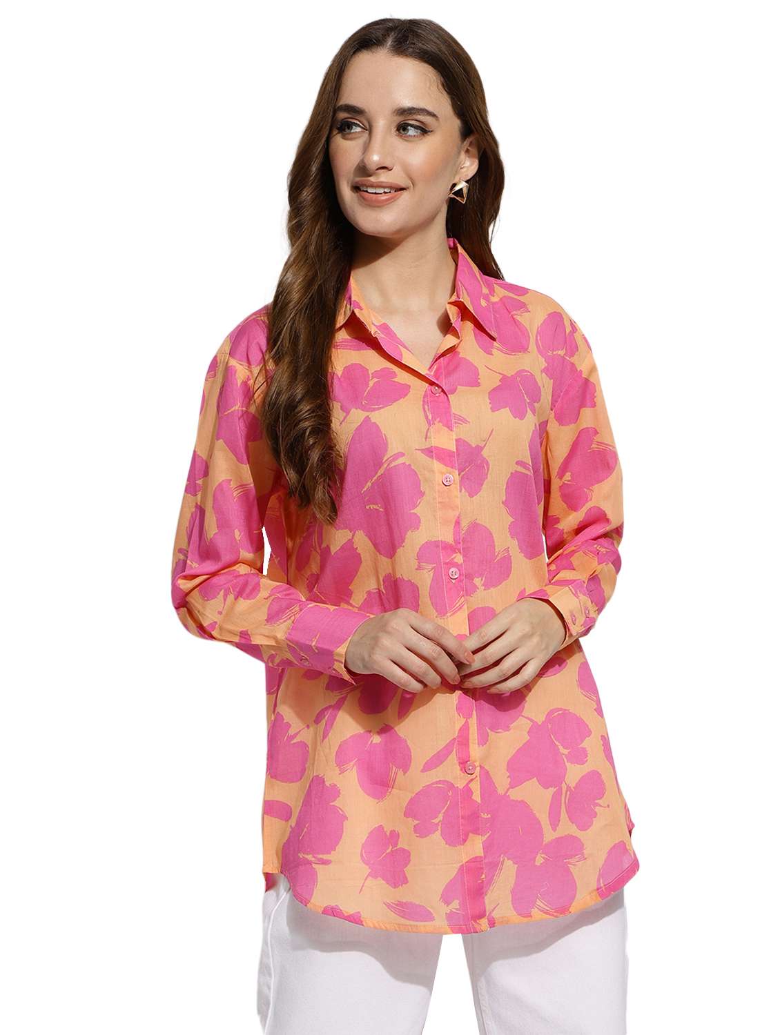 orange floral print regular shirt - 20418754 -  Zoom Image - 0