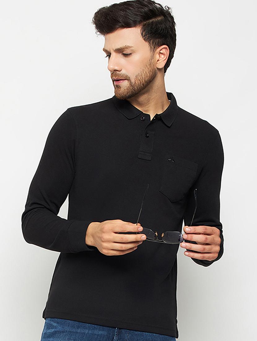 men black solid long sleeve slim fit polo t-shirt - 20418920 - Zoom Image - 0