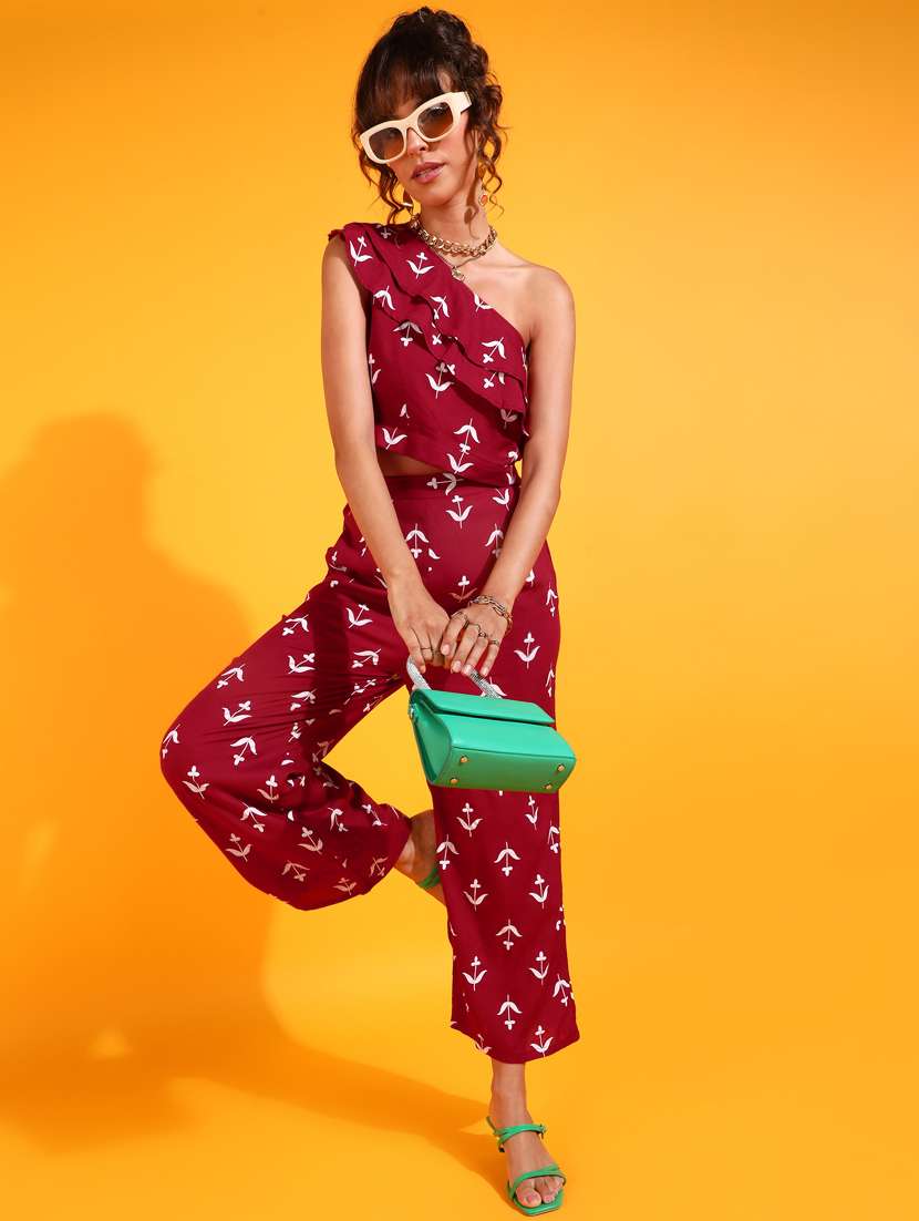 maroon florals print top & palazzo co-ords set