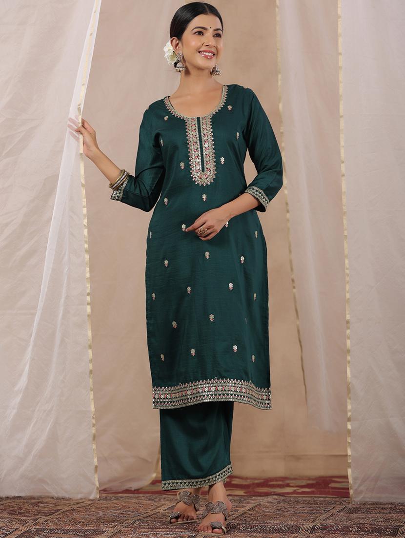 women green round neck straight kurta - 20419053 - Zoom Image - 0