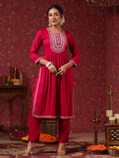 women pink round neck kurta pant set - 20419069 - Standard Image - 0