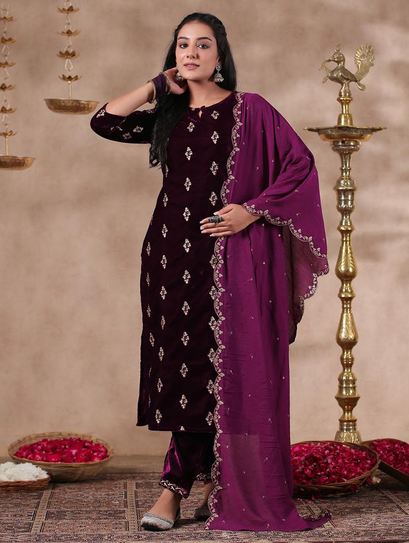 women purple three quarter sleeve kurta pant set