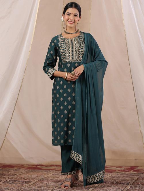 teal three quarter sleeve kurta pant set - 20419093 - Standard Image - 0
