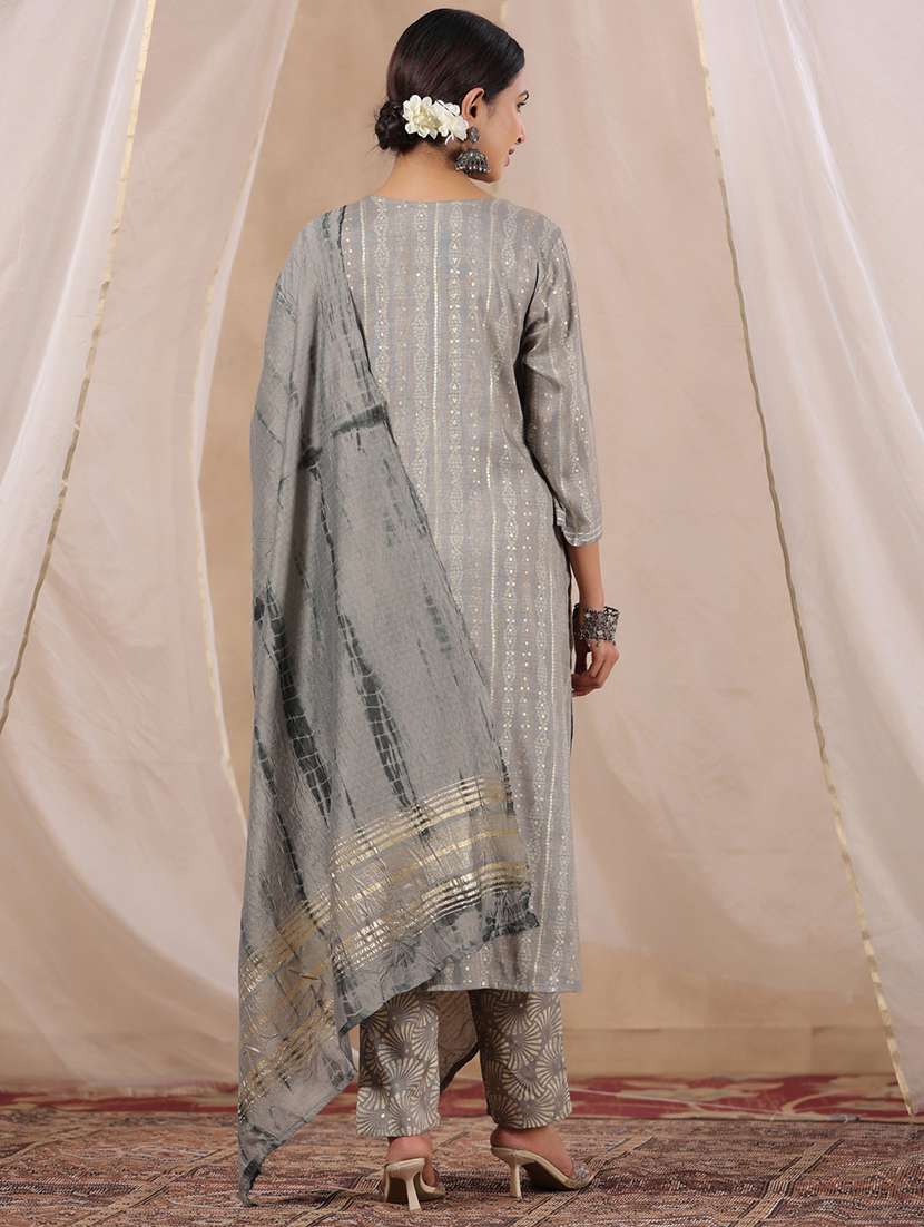 grey three quarter sleeve kurta pant set - 20419105 - Standard Image - 2