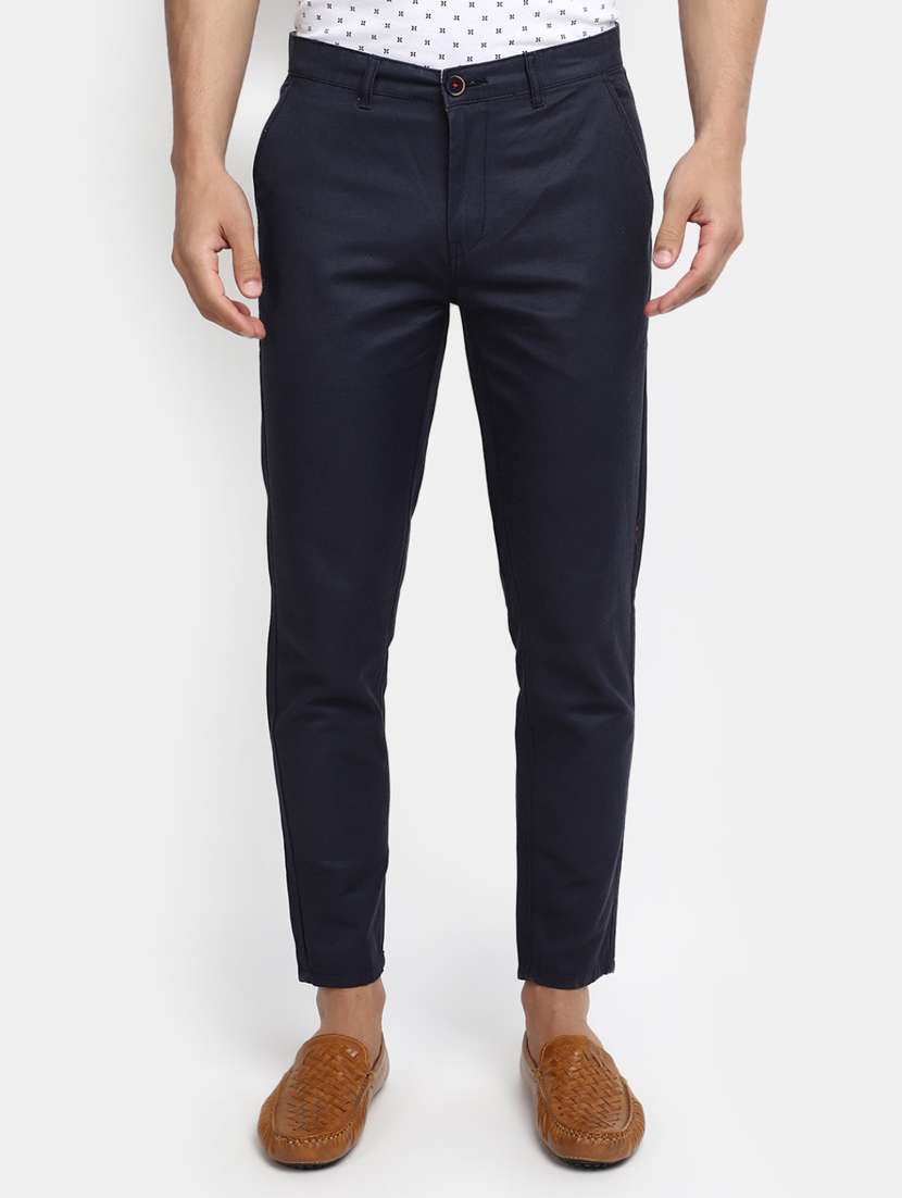 men solid navy blue cotton chinos slim fit casual trouser