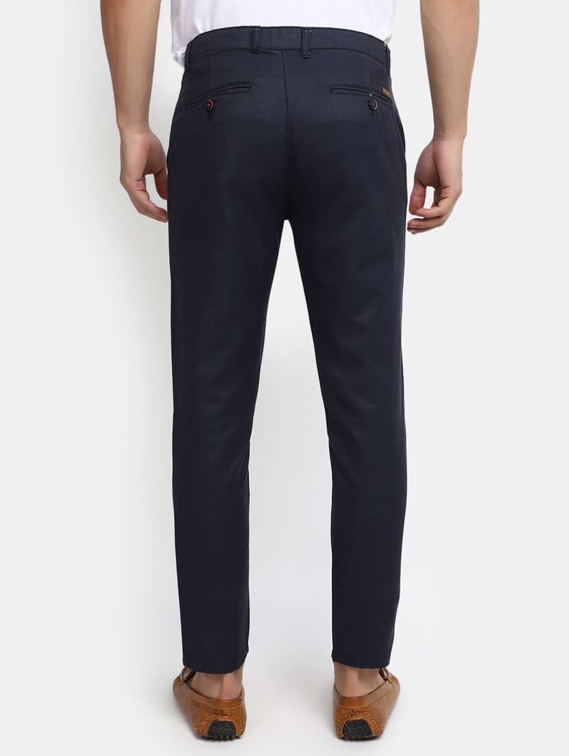 men solid navy blue cotton chinos slim fit casual trouser - 20420152 -  Standard Image - 2
