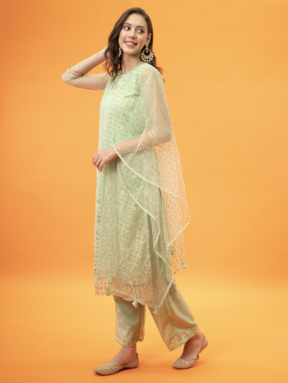 women green key hole neck kurta palazzo set with dupatta - 20420832 - Standard Image - 2