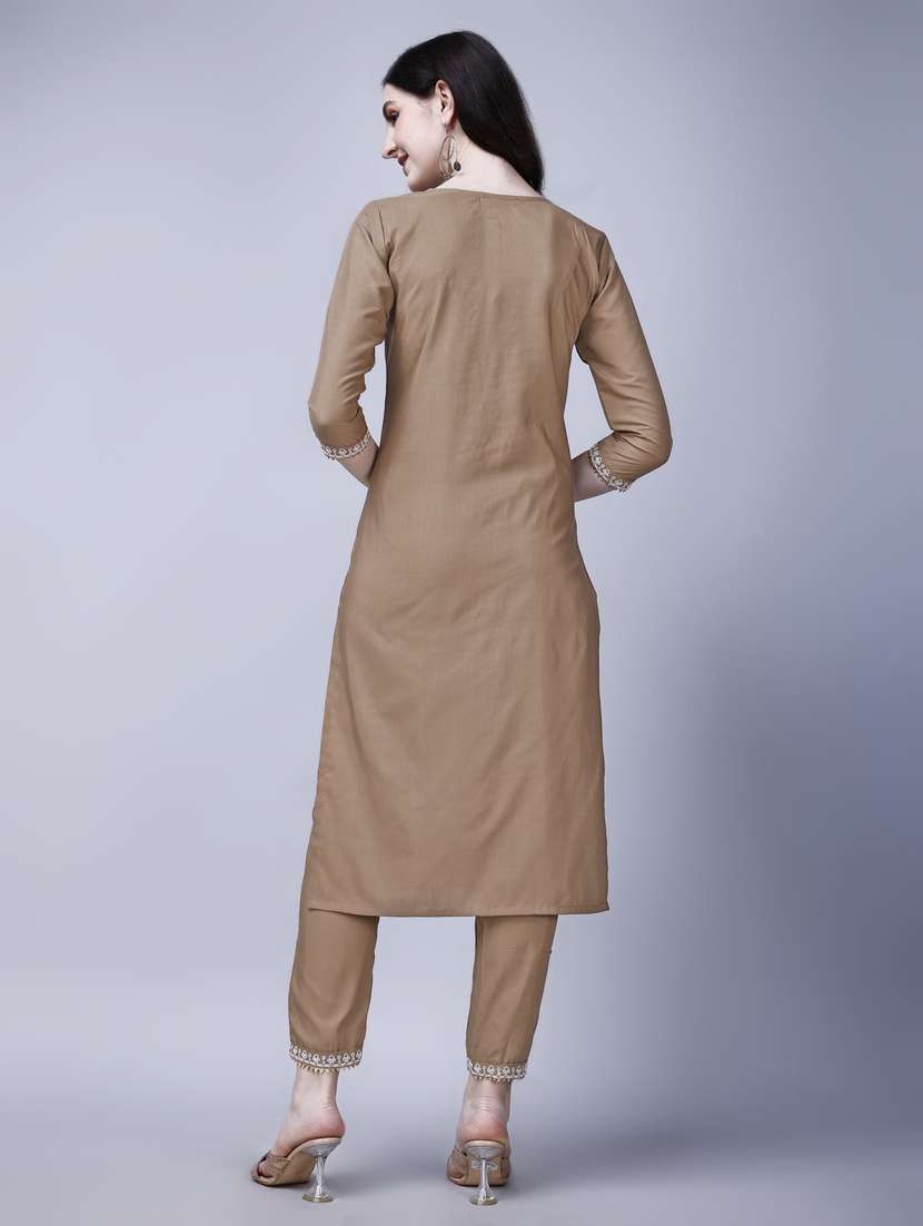 women brown key hole neck kurta pant set - 20420844 -  Standard Image - 2