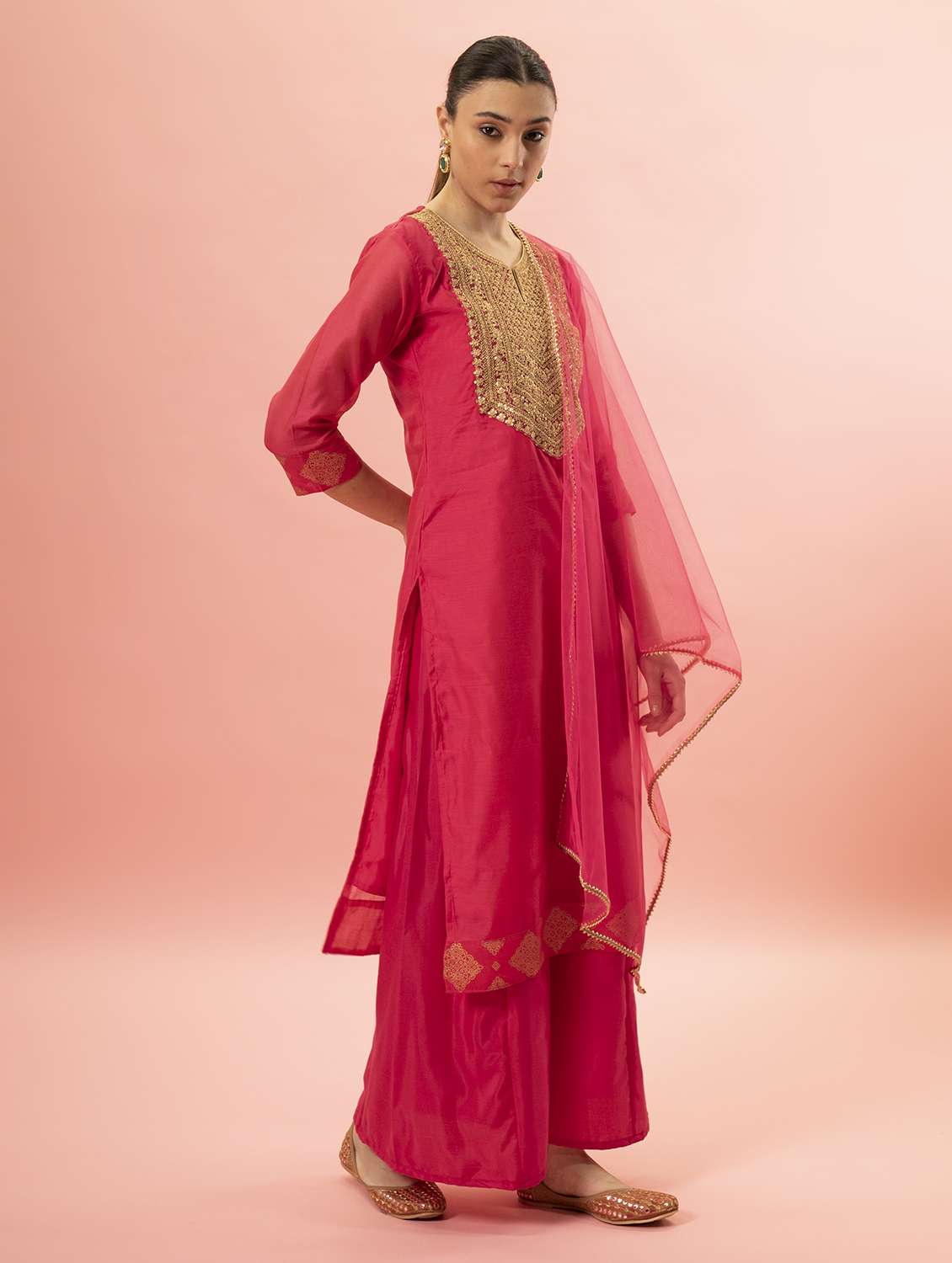 women pink notch neck kurta palazzo set with dupatta - 20420862 -  Standard Image - 2