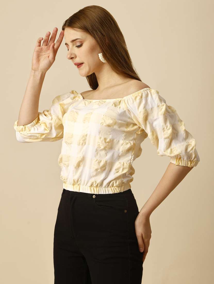 yellow & white checkered crop top - 20420894 -  Standard Image - 2