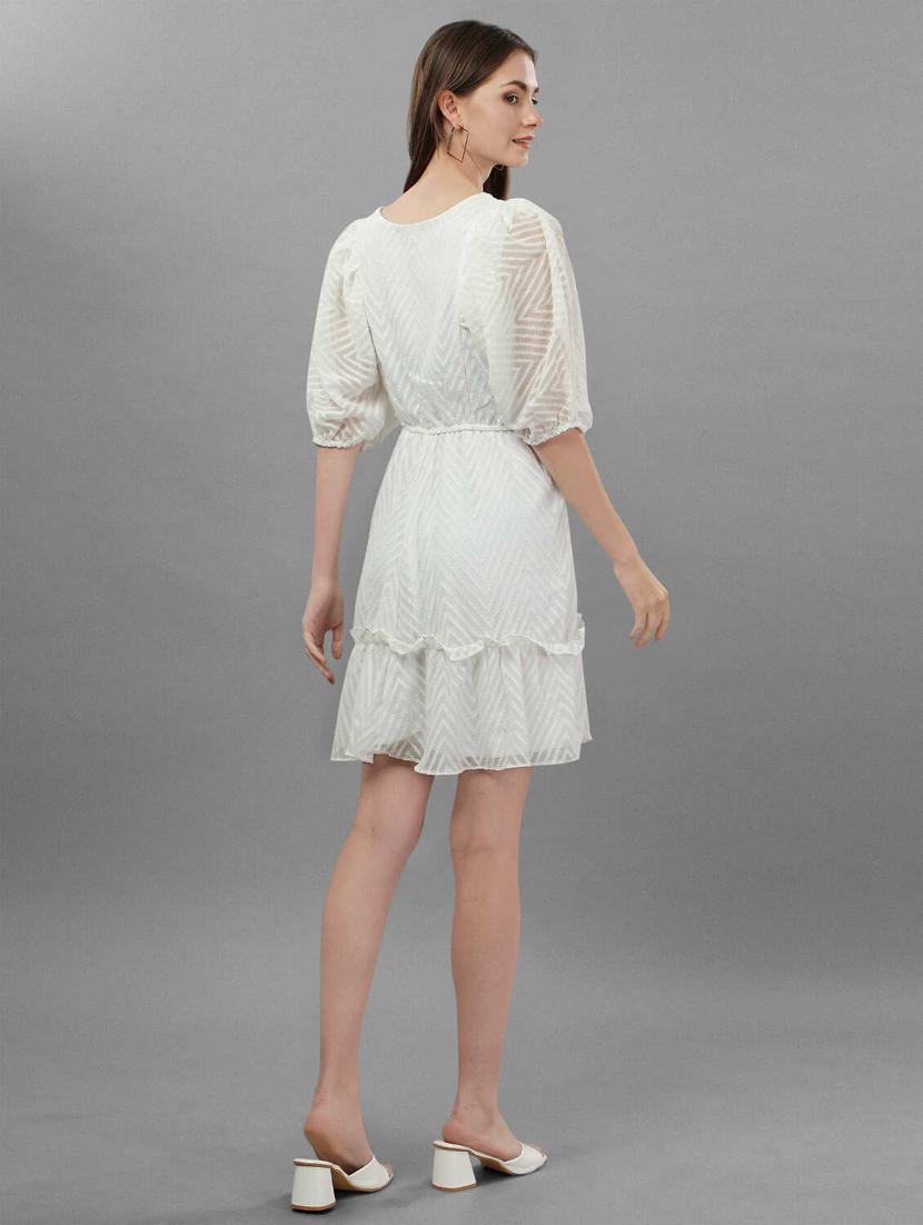 optic white self design fit & flare dress - 20420904 - Standard Image - 2