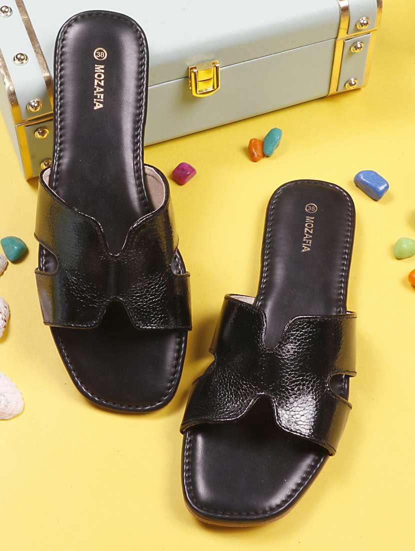 women solid black slip on casual sandal