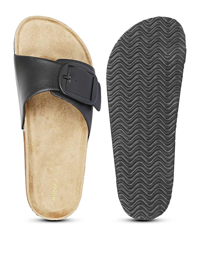 women solid black slip on flat sandal - 20425023 - Standard Image - 2