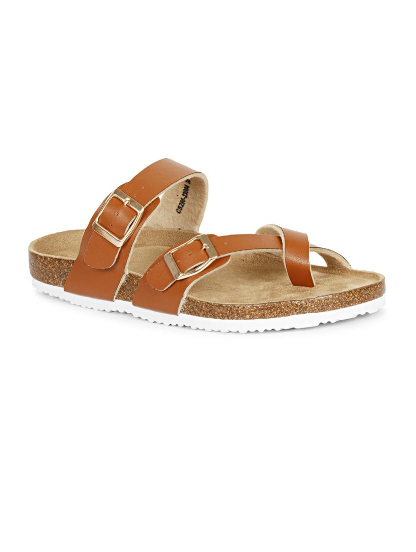 women solid tan slip on flat sandal - 20425031 - Standard Image - 2