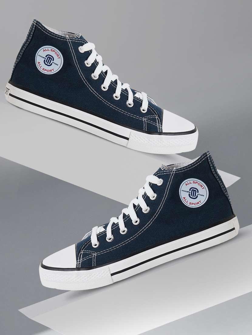 men solid navy blue high ankle lace up sneaker