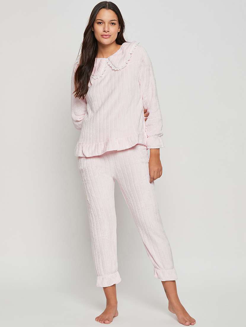 pink lace work capri nightwear set