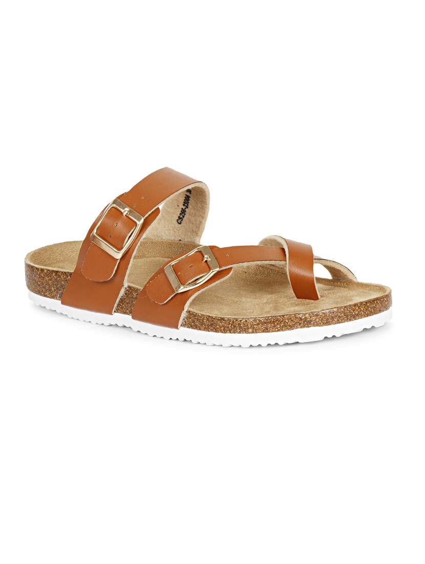 women solid tan slip on flat sandal - 20425980 - Standard Image - 2