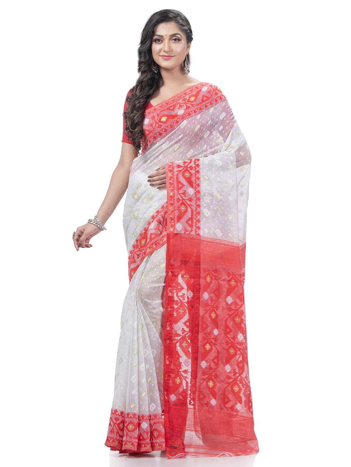 women's self design white colored saree with blouse