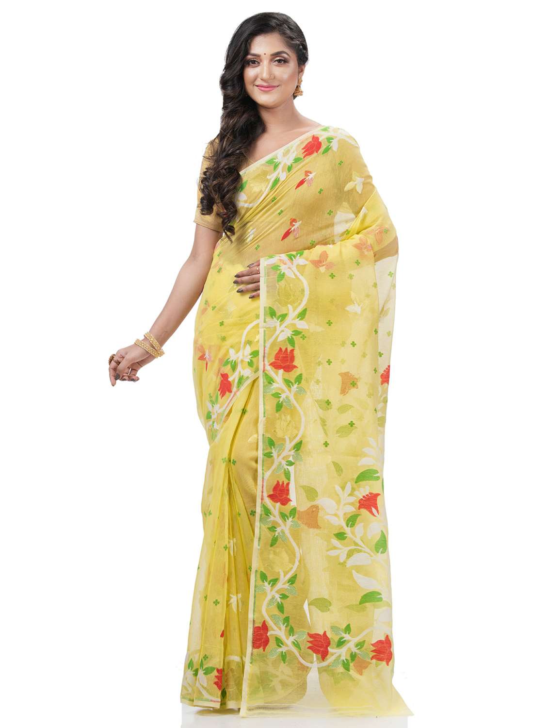 women's self design yellow colored saree with blouse