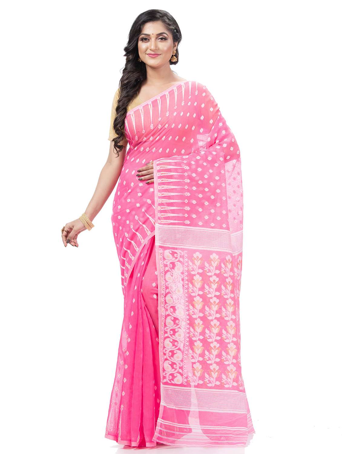 women's self design pink colored saree with blouse