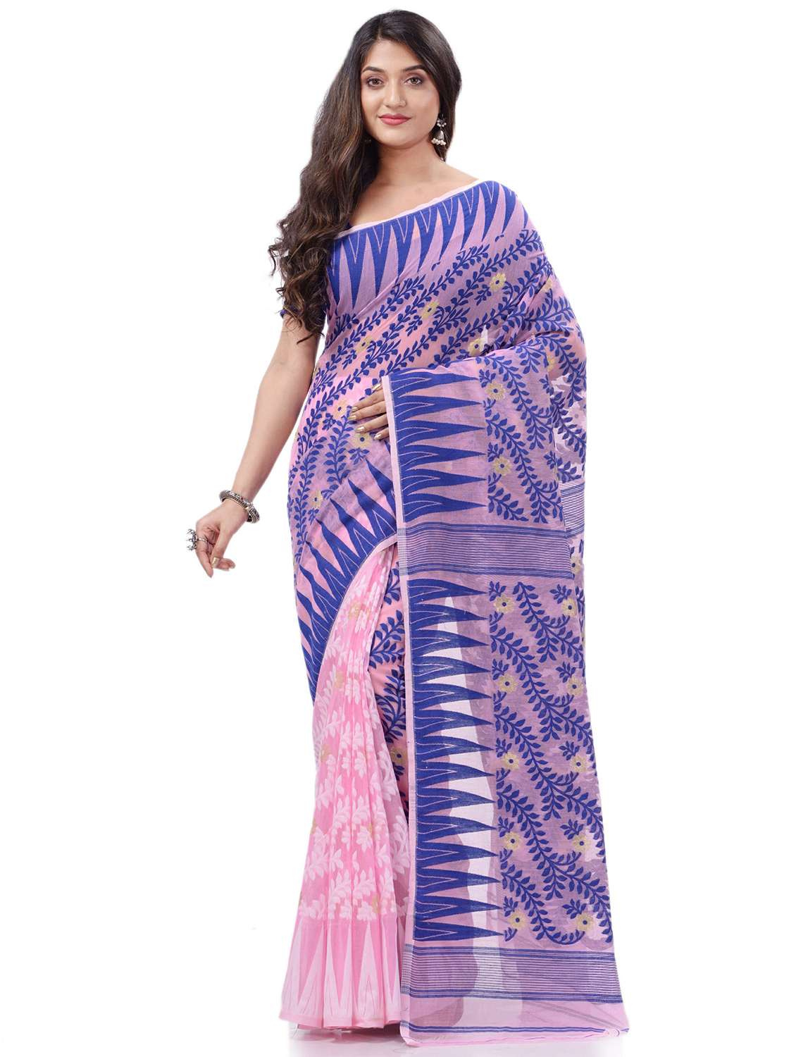 women's self design pink colored saree with blouse