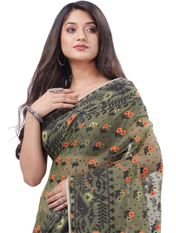 women's self design olive colored saree with blouse - 20427186 -  Standard Image - 2