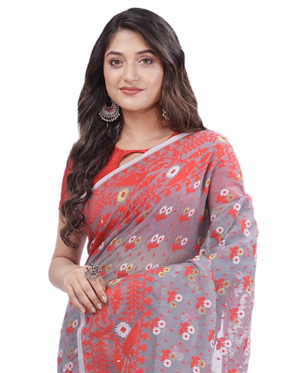 grey self design jamdani saree with blouse - 20427188 - Standard Image - 2