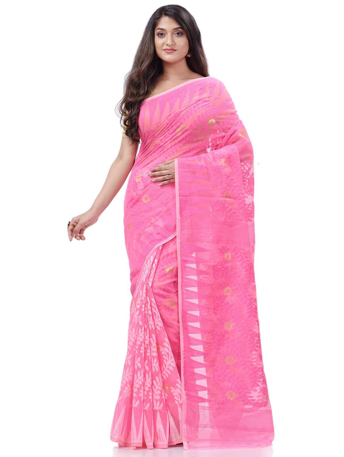 women's self design pink colored saree with blouse