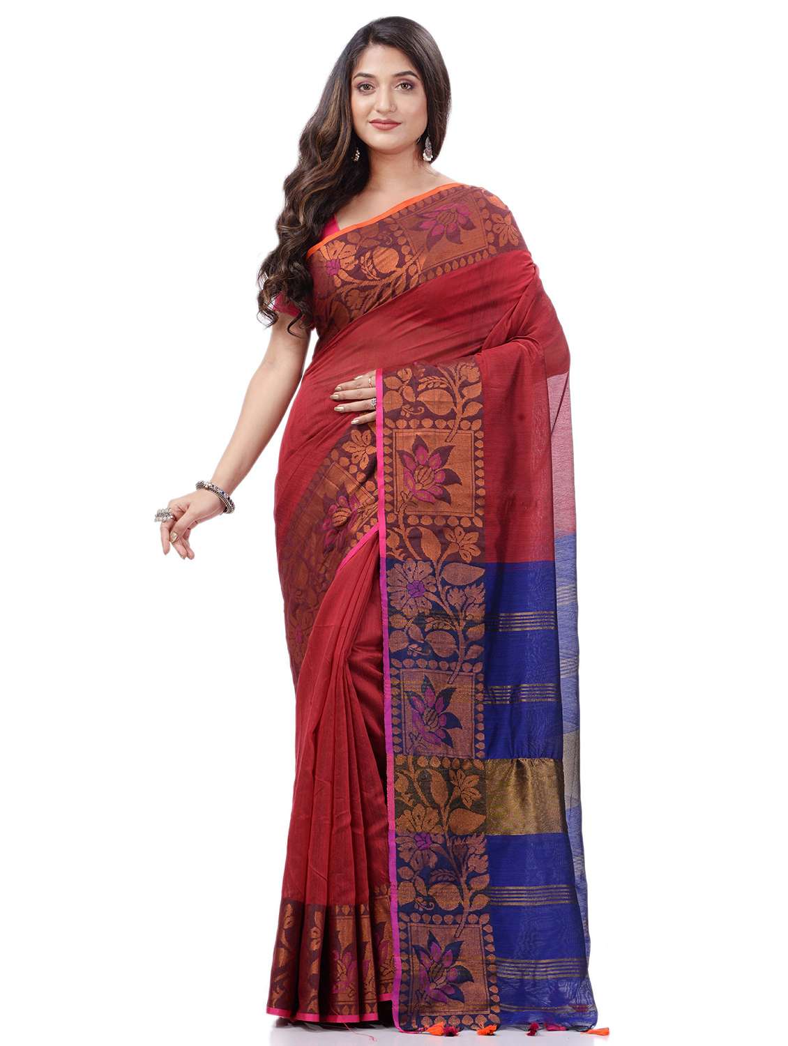 women's self design red colored saree with blouse
