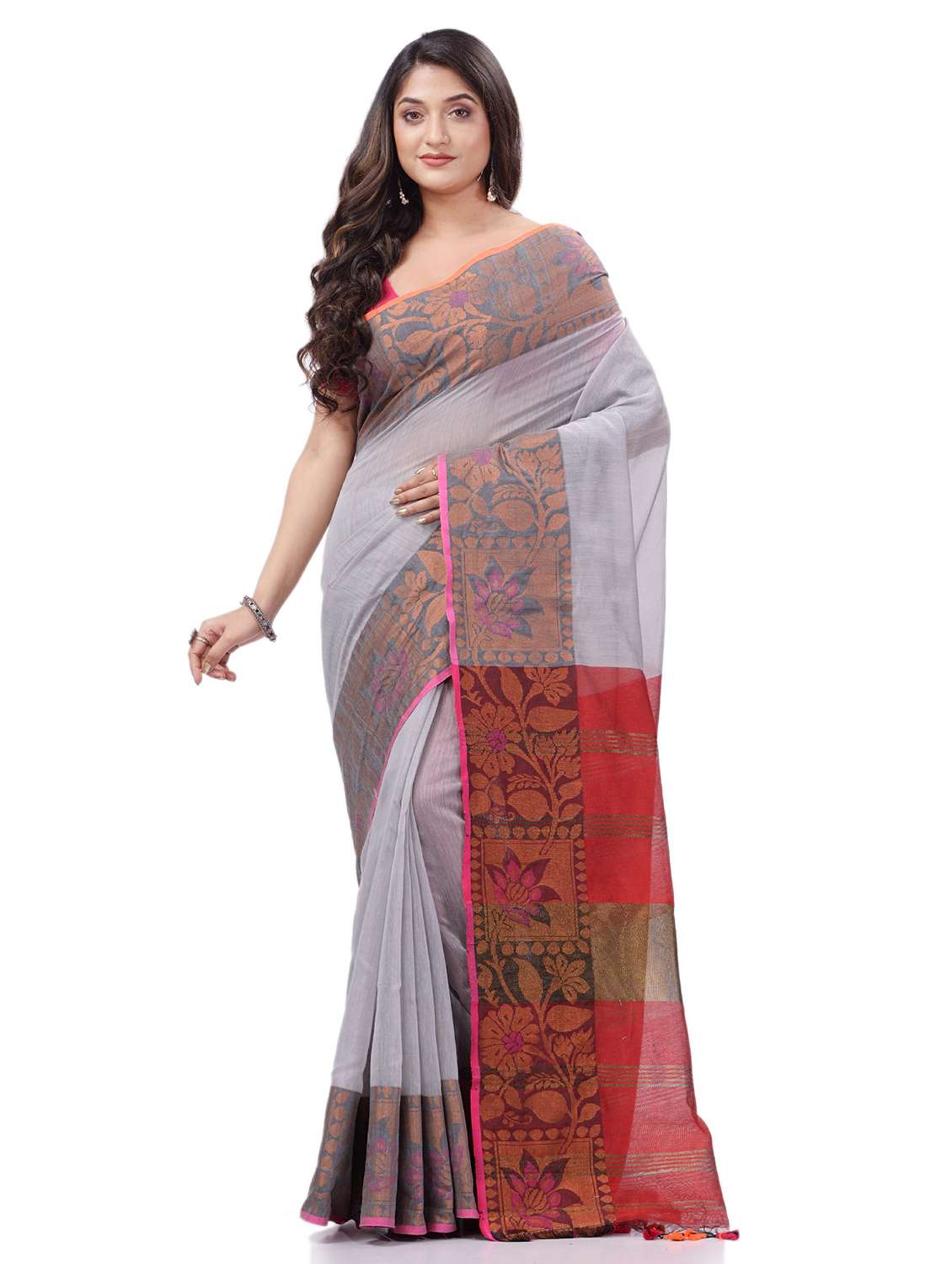 women's self design grey colored saree with blouse