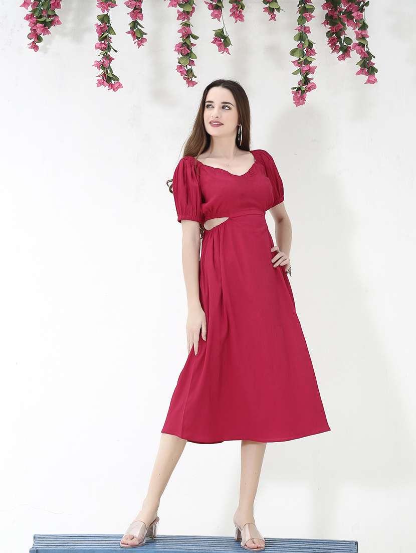 red solid cut work fit & flare dress - 20427269 -  Zoom Image - 0