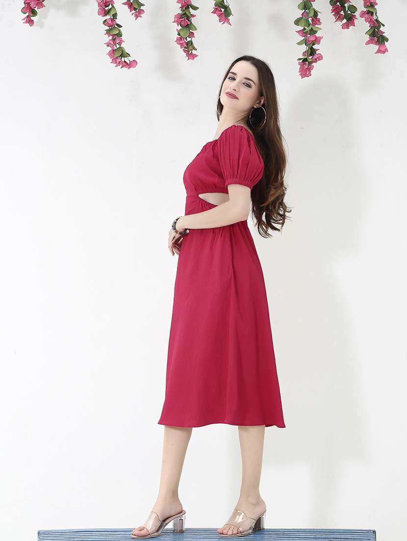 red solid cut work fit & flare dress - 20427269 - Standard Image - 2