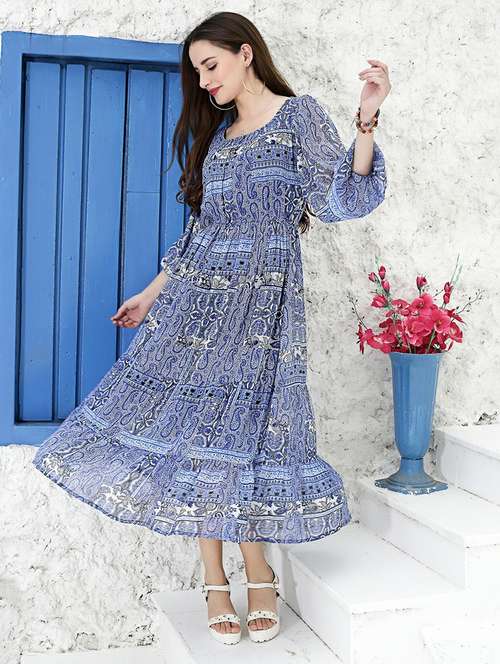 blue printed fit & flare dress - 20427276 - Standard Image - 0