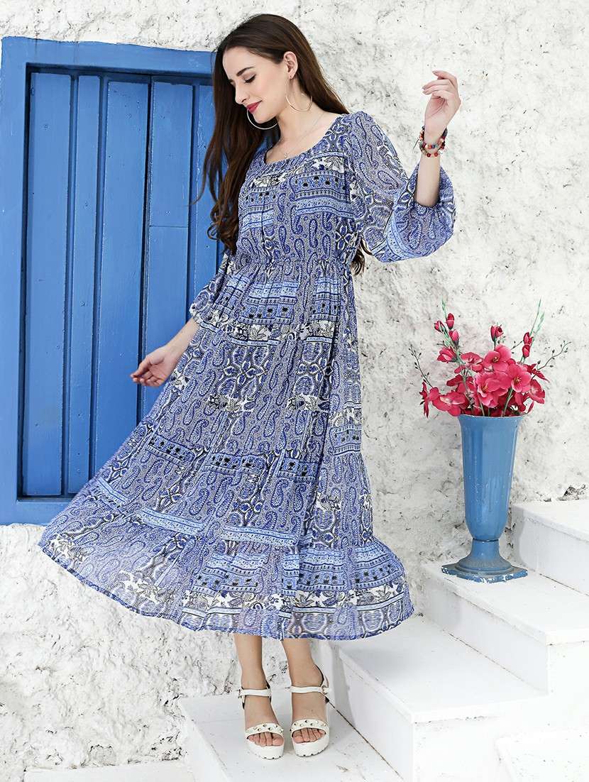 blue printed fit & flare dress - 20427276 - Zoom Image - 0