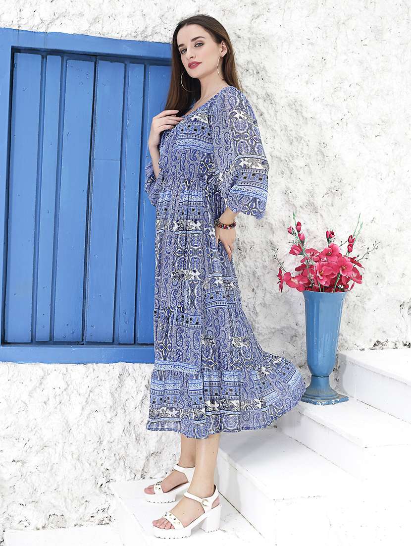 blue printed fit & flare dress - 20427276 - Standard Image - 2