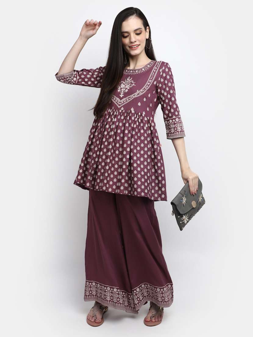 women purple round neck kurta palazzo set - 20427452 -  Standard Image - 2