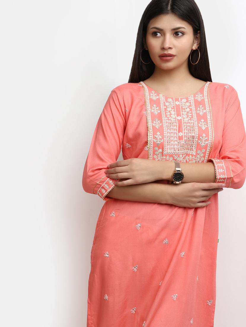 women peach round neck kurta pant set - 20427456 - Standard Image - 2