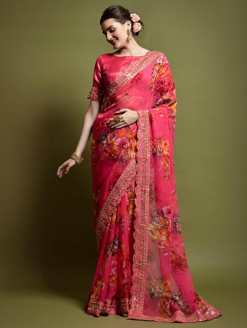 women's floral pink colored saree with blouse - 20427956 - Standard Image - 0