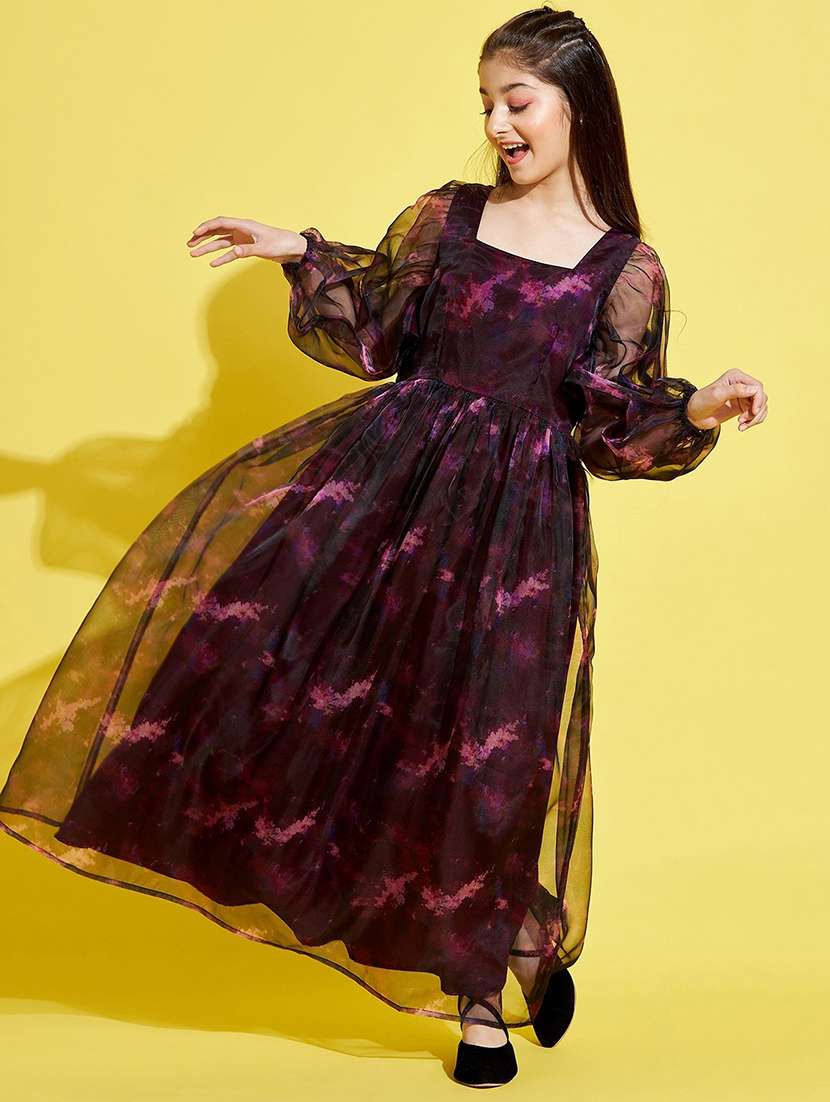 girls printed long party gown - 20428261 -  Standard Image - 2