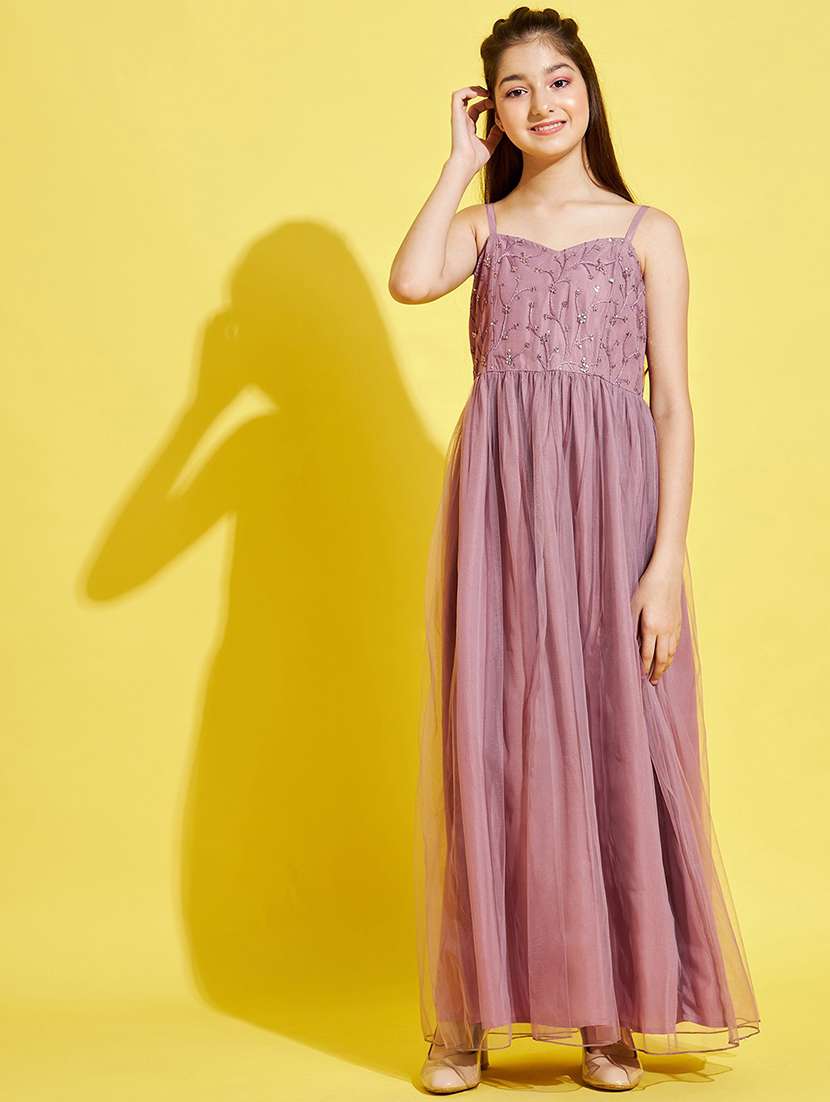 mauve embroidered party gown