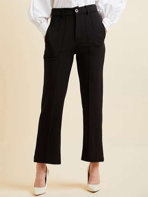 women solid black detailed trouser - 20428388 - Standard Image - 0