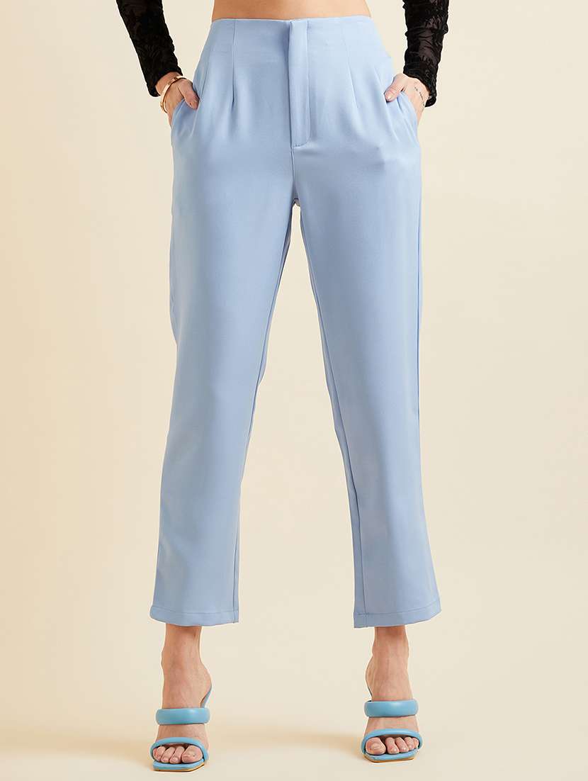 women solid purist blue pleated trouser