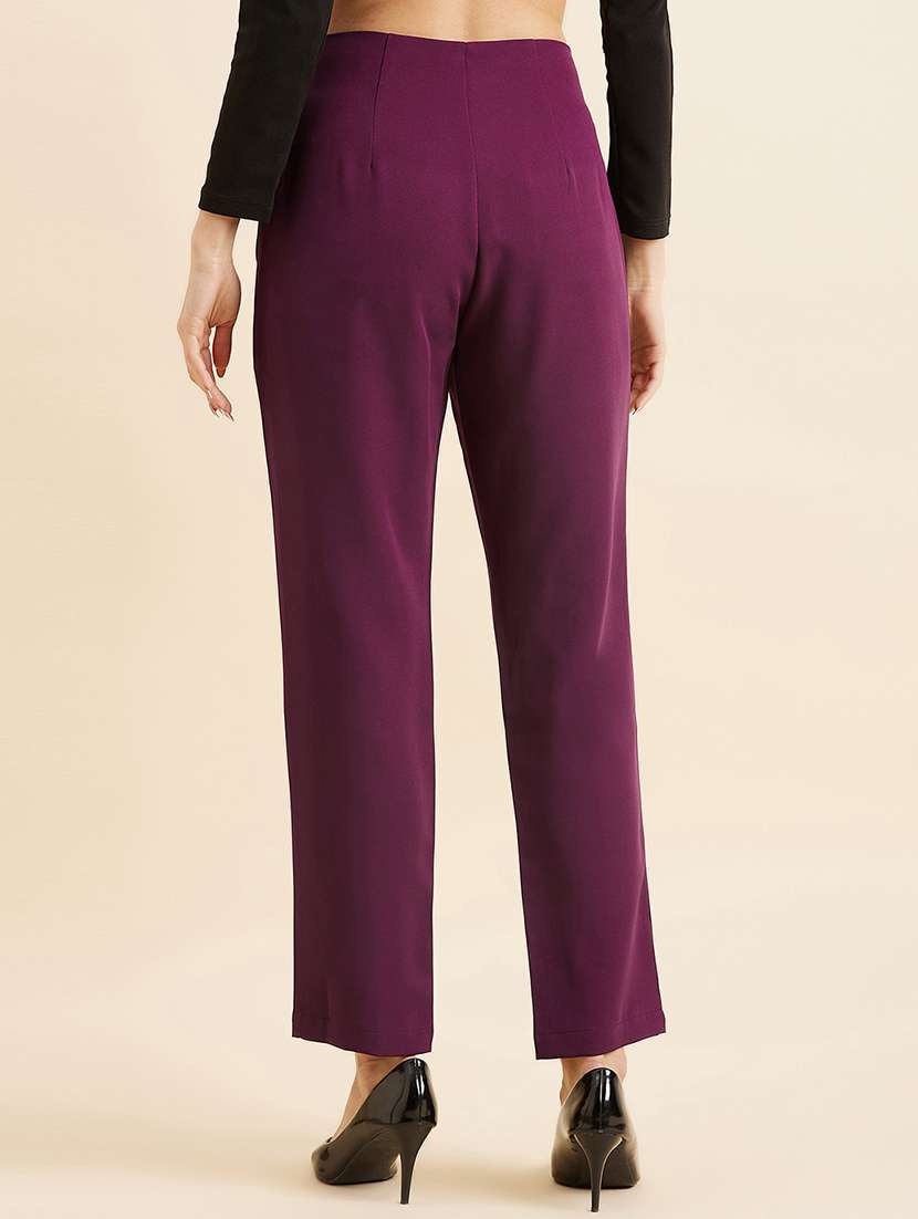 women purple lycra blend pleated trousers  - 20428395 -  Standard Image - 2
