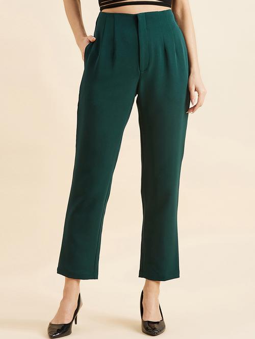 women solid green pleated trouser - 20428400 - Standard Image - 0