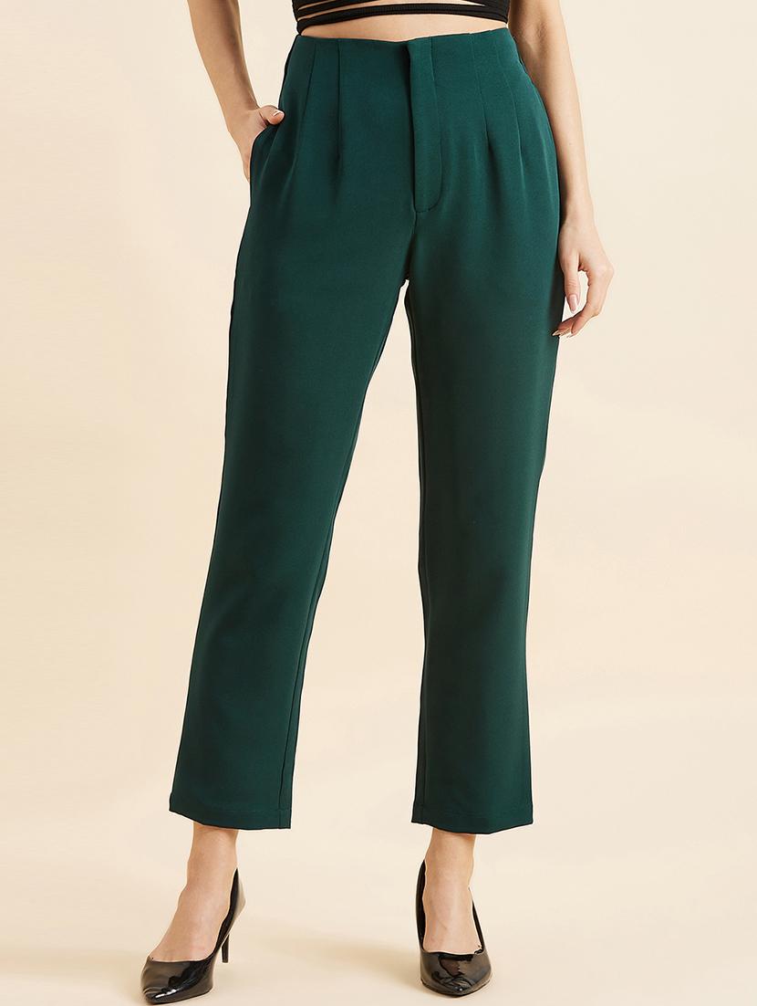 women solid green pleated trouser - 20428400 - Zoom Image - 0