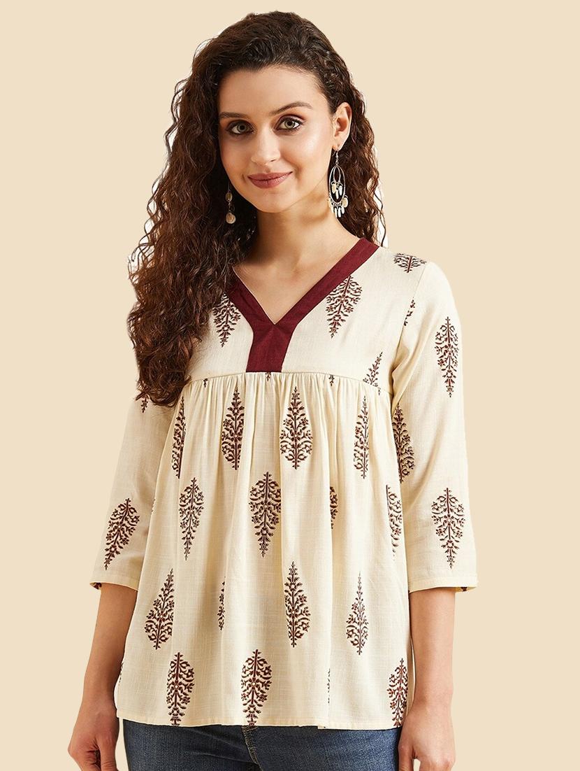 cream printed peasant top - 20428470 - Zoom Image - 0