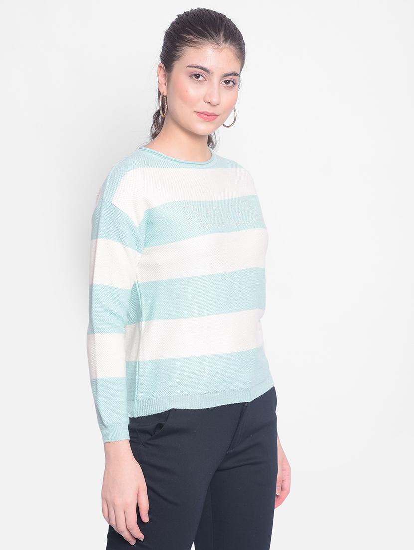 white and light blue color block regular pullover