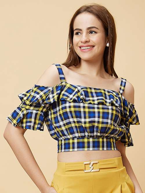 blue checks crop top - 20430108 - Standard Image - 0