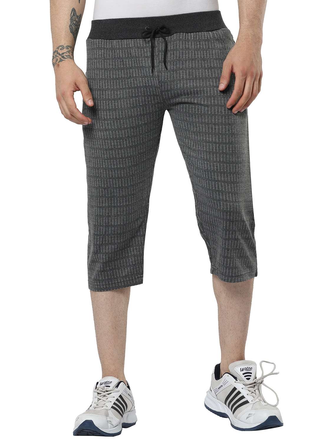 men self designed grey melange cotton three - fourth