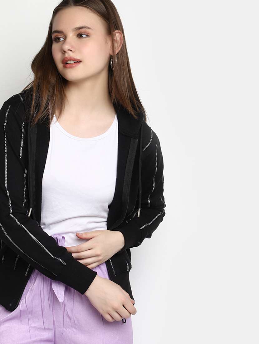 women black striped hooded neck sweatshirt - 20431222 - Standard Image - 2